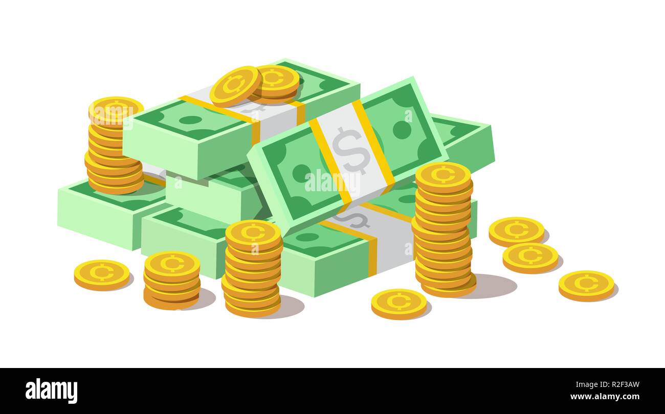 Gros tas de billets de trésorerie de l'argent et des pièces d'or, en cents. Illustration de Vecteur