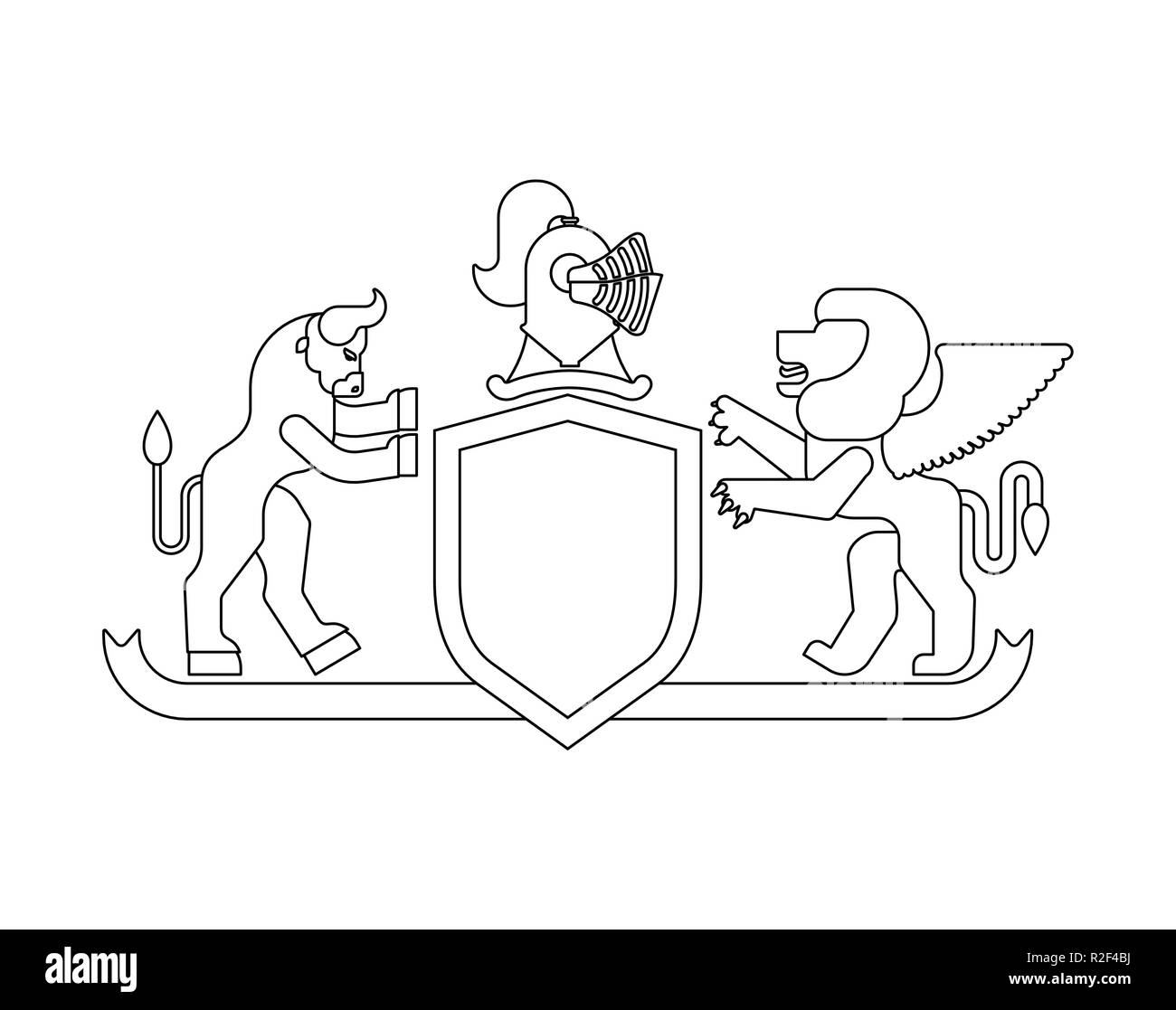 Bouclier héraldique Minotaure et lion ailé et Knight Casque. Les Animaux Fantastiques. Héraldique modèle élément design. Armoiries de la famille royale Illustration de Vecteur