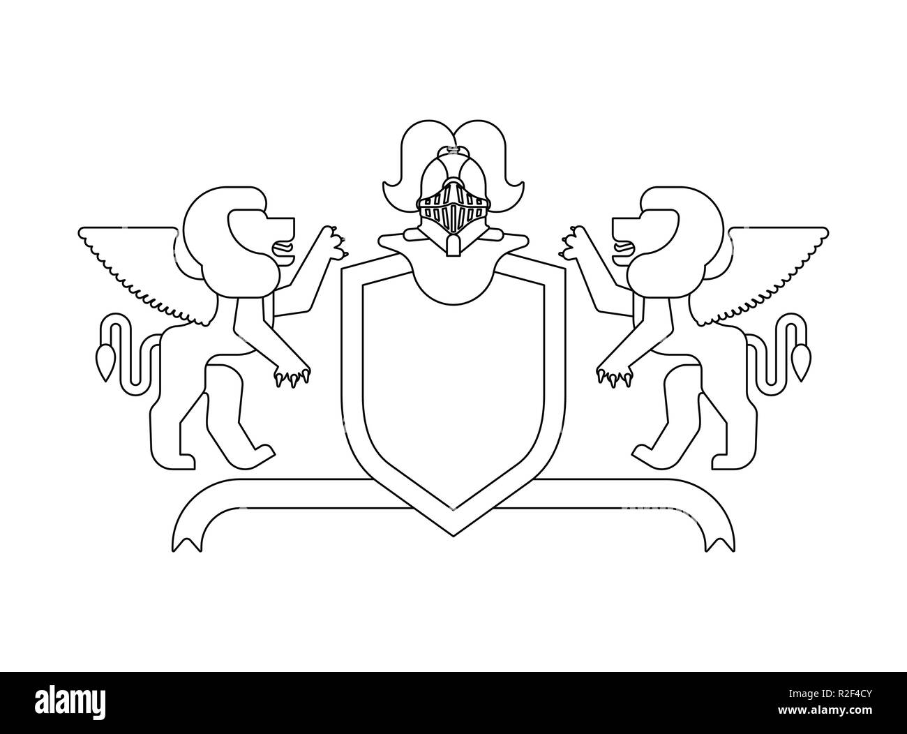 Bouclier héraldique Lion ailé et Knight Casque. Les Animaux Fantastiques. Héraldique modèle élément design. Armoiries de la famille royale Illustration de Vecteur