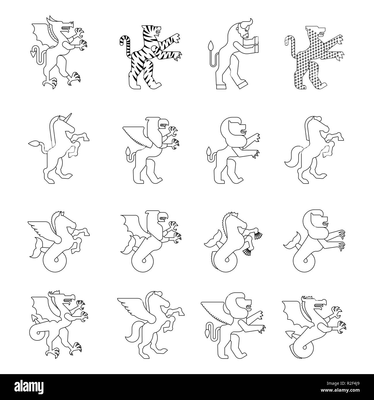 Set d'animaux héraldiques style linéaire. Hippocampe et le lion. Dragon et wyvern. Bête fantastique. Monster pour armoiries. Élément de design de l'héraldique. Pgasus Illustration de Vecteur