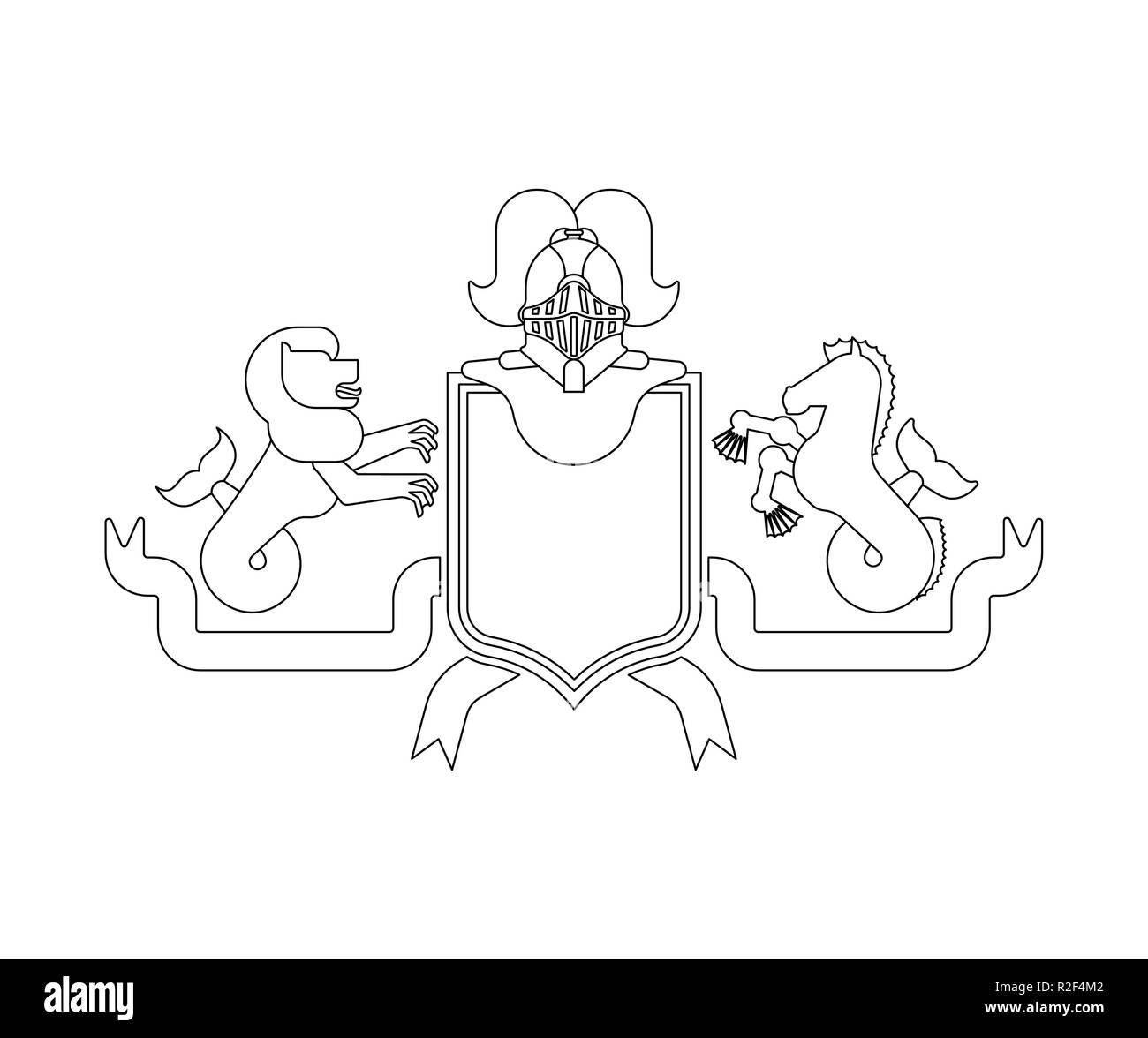 Bouclier héraldique du lion de mer et l'hippocampe et Knight Casque. Les Animaux Fantastiques. Héraldique modèle élément design. Armoiries de la famille royale Illustration de Vecteur