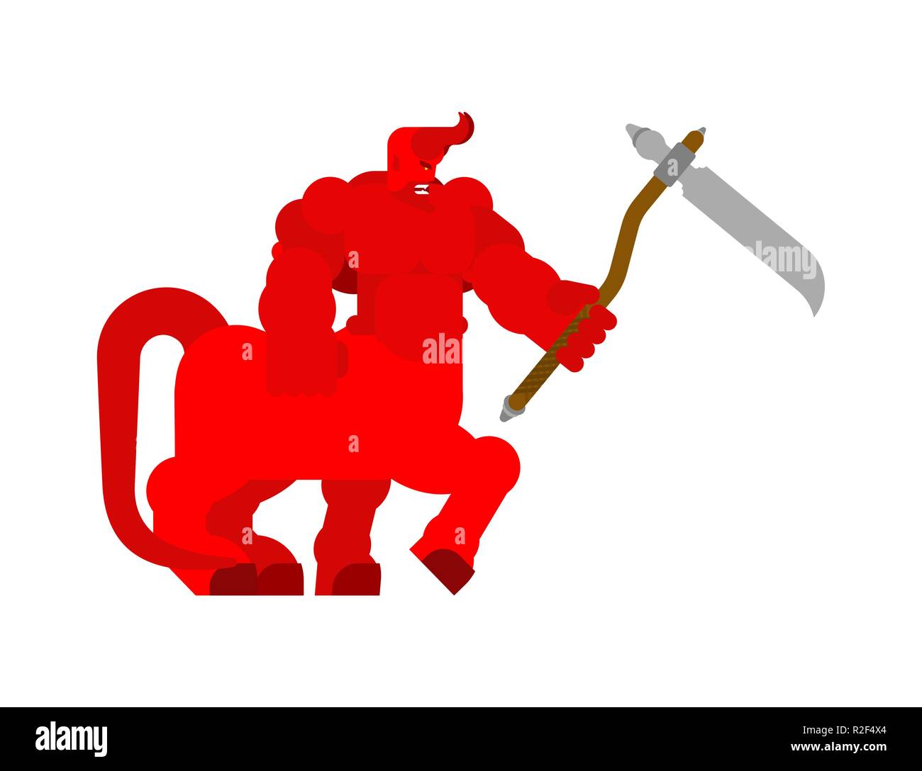 Centaur démon avec faux. Satan cornu. Beelzebub puissant seigneur des ténèbres. disque Lucifer patron l'enfer. Strong en colère contre Asmodée. Big Red Devil. Illustration de Vecteur