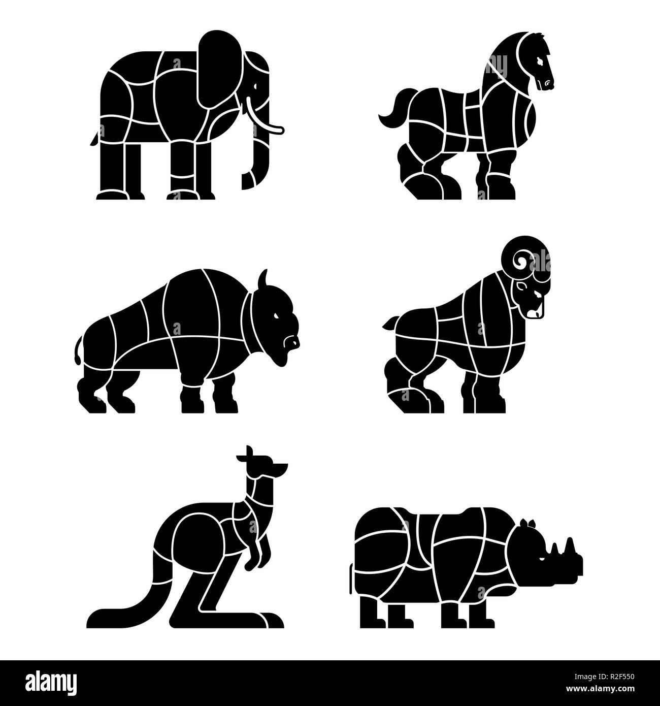 Coupe de viande de bison et de bête jeu de rhinocéros. L'éléphant et l'ossature scheme lignes de différentes parties de la viande. Comment couper la chair d'un kangourou et d'un ram. Pos Illustration de Vecteur