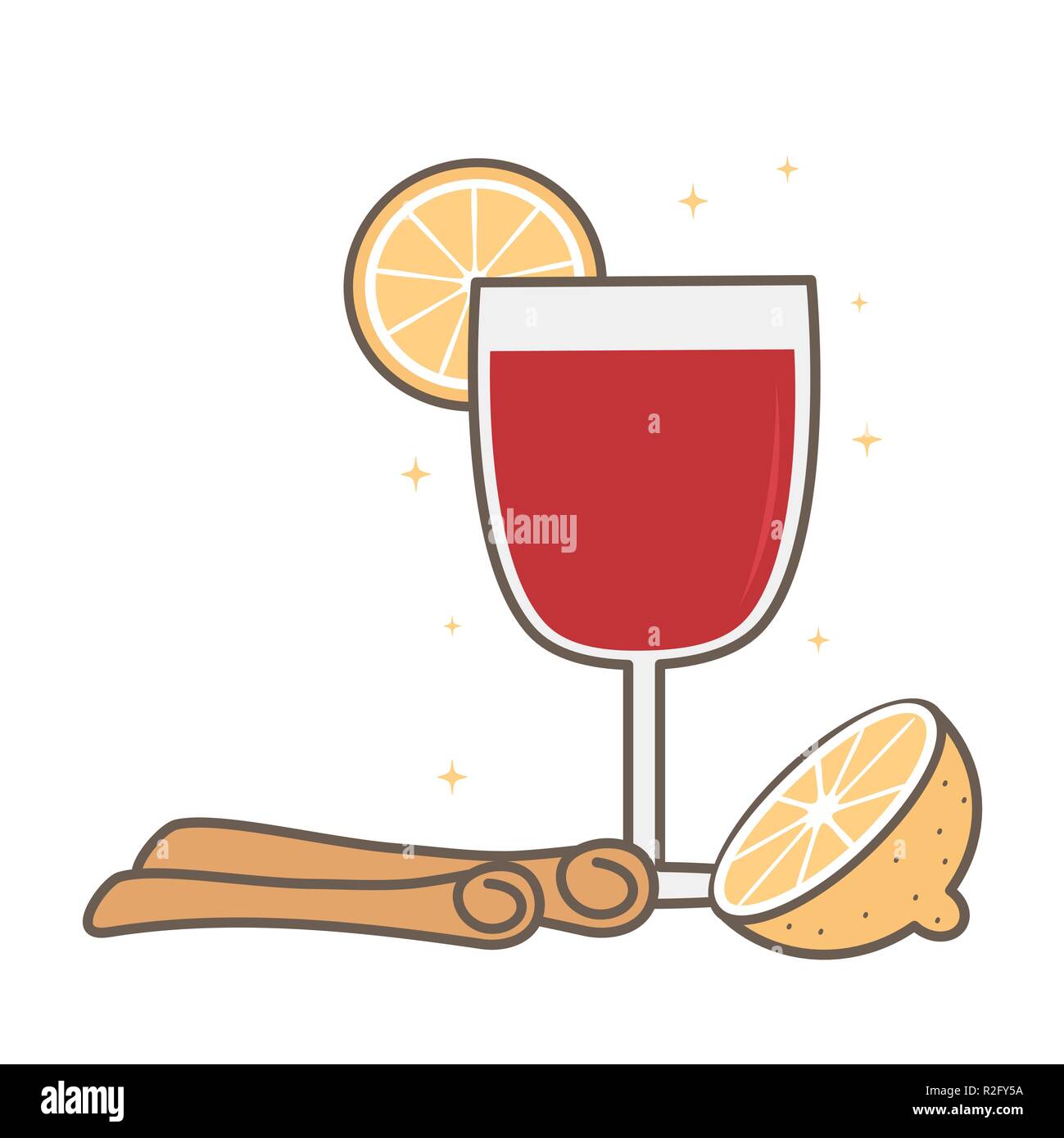 Cute cartoon verre de vin chaud avec des bâtons de cannelle et d'orange vector illustration Illustration de Vecteur