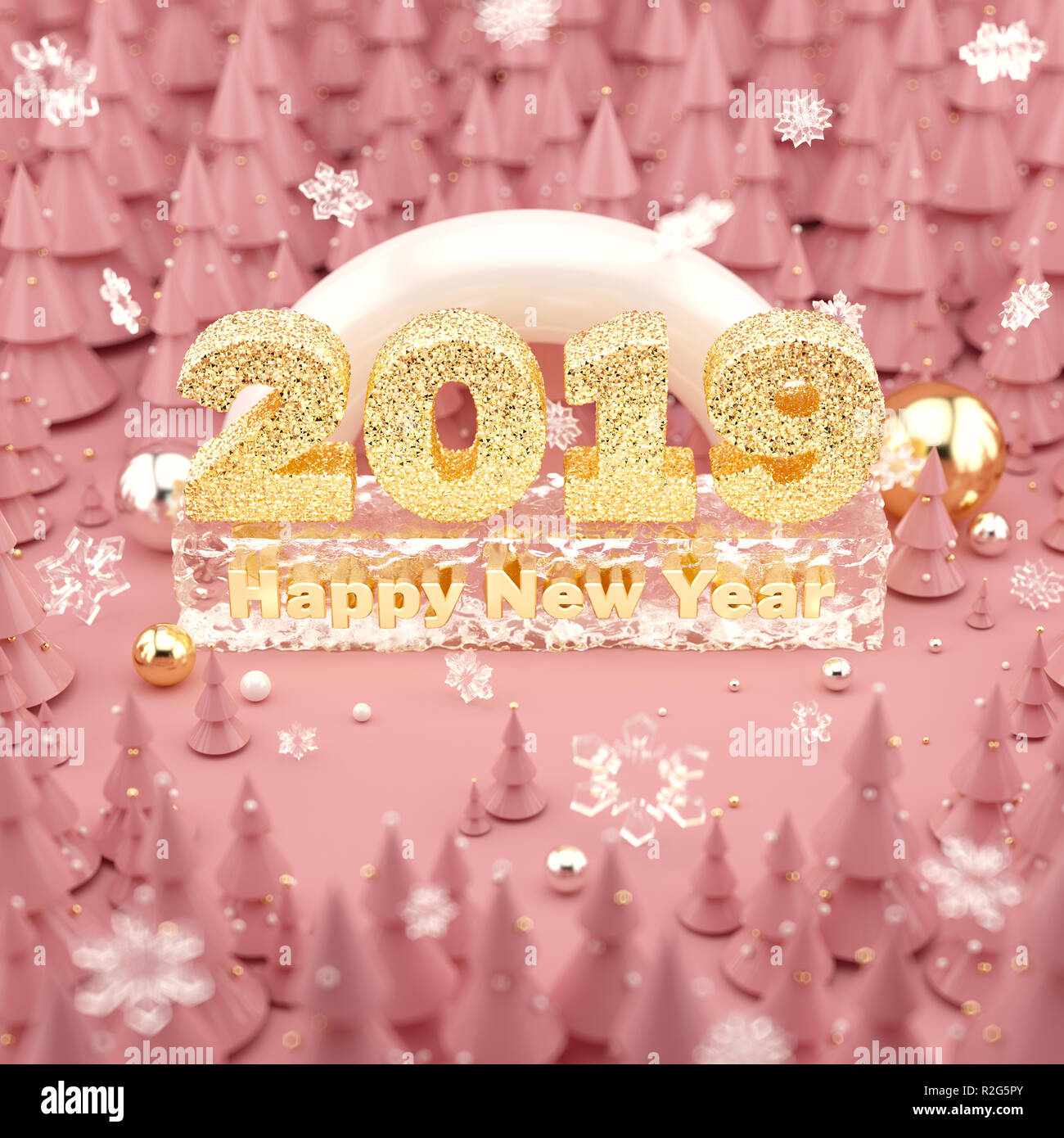 Bonne Année 2019 de couleur or rose 3D illustration avec les arbres de Noël. Banque D'Images