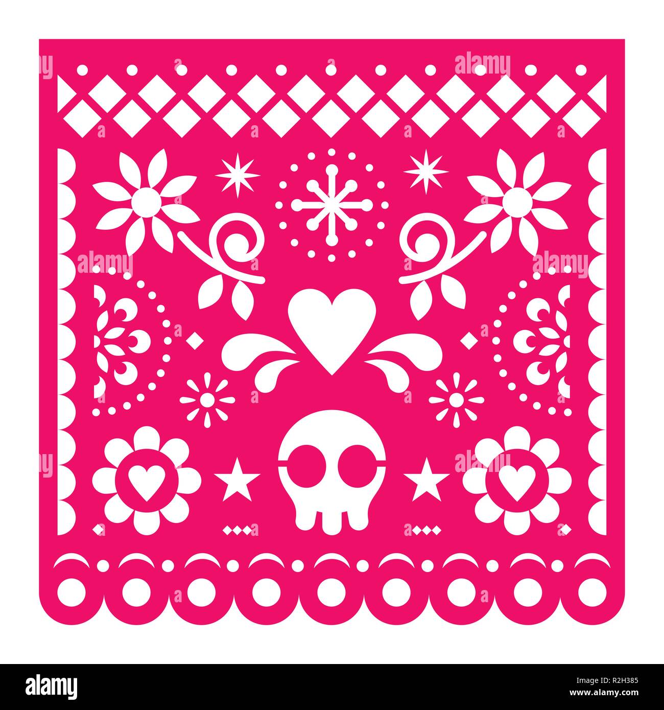 Mexican papel picado, vecteur conception papier rétro rose décoration fiesta du Mexique avec crâne, des fleurs et des formes géométriques découper le gabarit Illustration de Vecteur