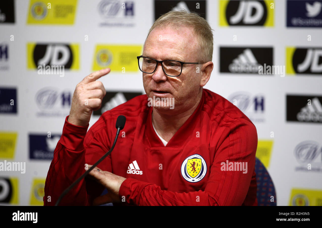 Alex McLeish, responsable écossais, lors de la conférence de presse à Hampden Park, Glasgow. APPUYEZ SUR ASSOCIATION photo. Date de la photo: Lundi 19 novembre 2018. Voir PA Story FOOTBALL Scotland. Le crédit photo devrait se lire comme suit : Jane Barlow/PA Wire. Banque D'Images