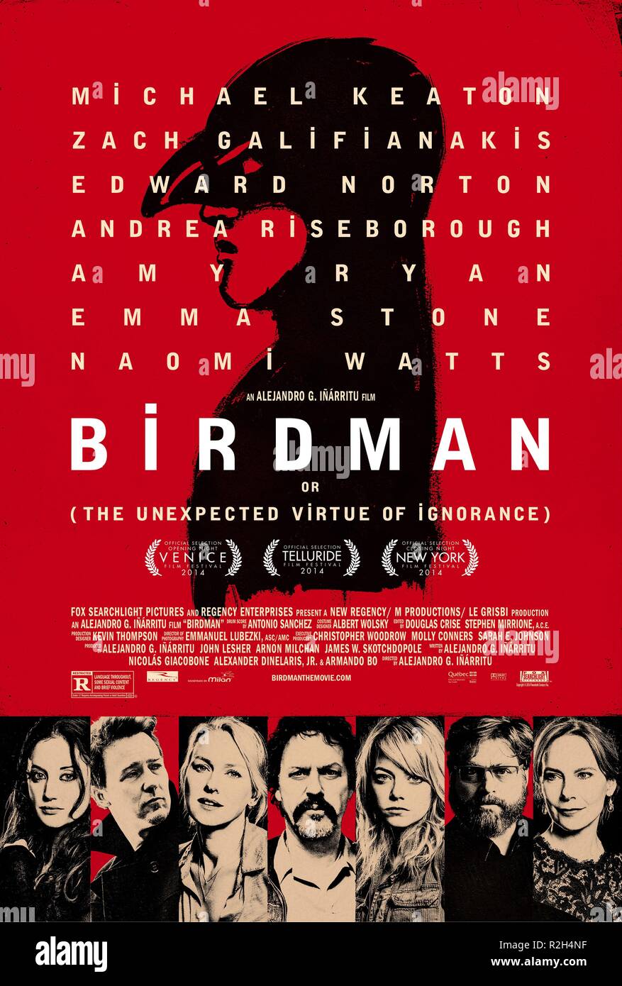 Année : 2014 Birdman USA / Canada Réalisation : Alejandro Gonzalez Inarritu affiche de film (USA) Oscar meilleur film 2015 Banque D'Images
