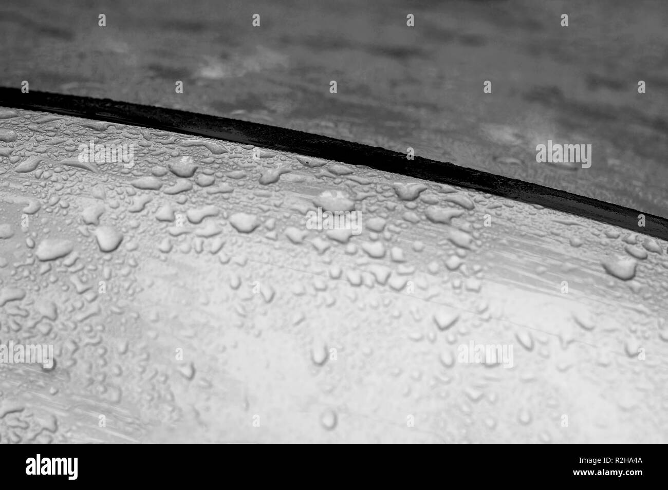 Gouttes de pluie sur la surface du capot de voiture. Close-up, selective focus. Résumé fond d'écran. Banque D'Images