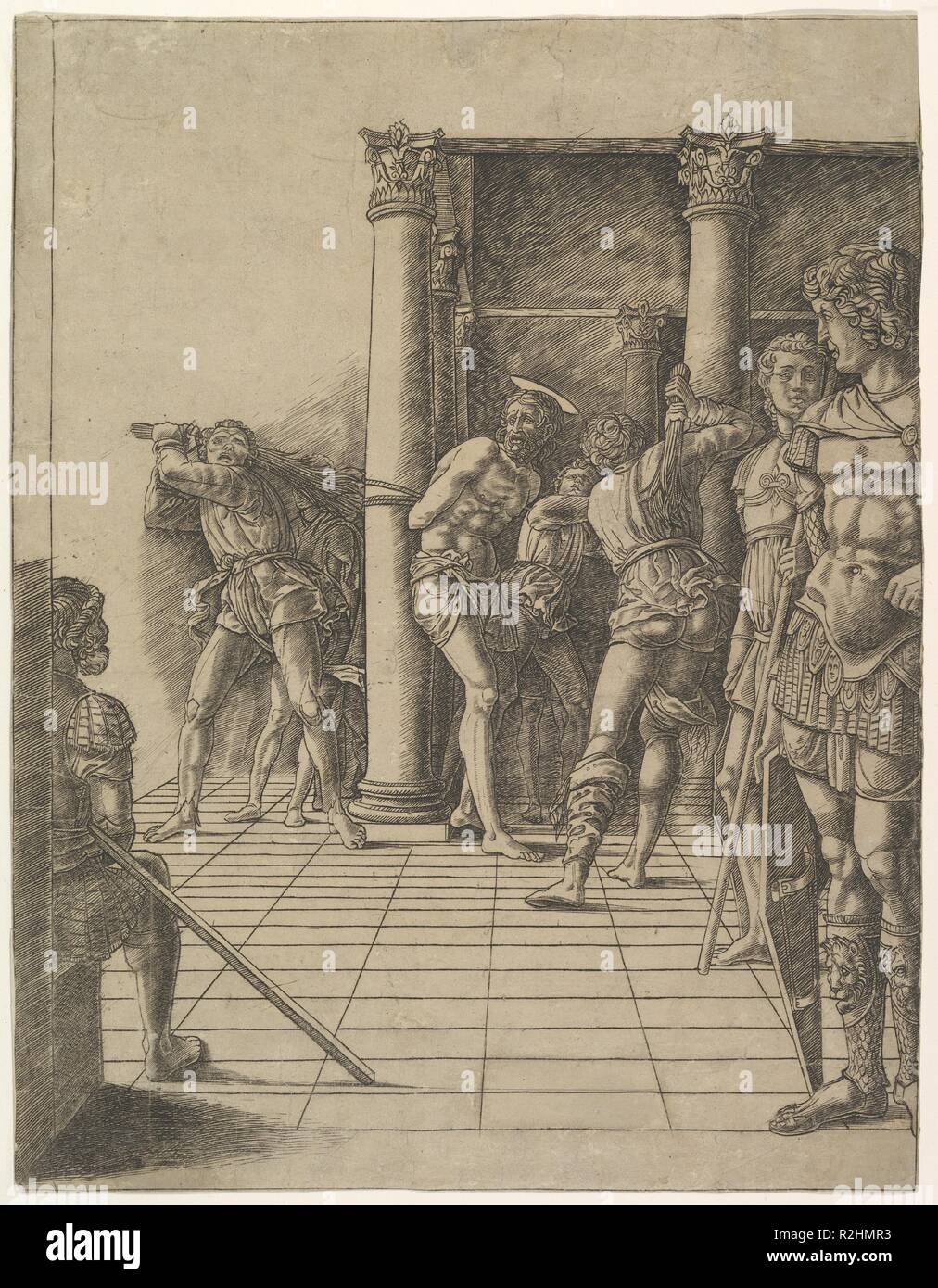 La flagellation, avec la chaussée. Artiste : Andrea Mantegna (École de l'italien, l'Isola di Carturo 1430/31-1506 Mantoue). Dimensions : Plateau : 15 x 11 5/8 à 3/16. (38,6 x 29,5 cm) ; coupé à la limite sur la gauche et tout autour de l'autre côté.. Date : ca. 1475-80. Musée : Metropolitan Museum of Art, New York, USA. Auteur : École d'Andrea Mantegna. Atelier d'Andrea Mantegna ou attribuée à Tsoan Andrea. Banque D'Images La flagellation, avec la chaussée. Artiste : Andrea Mantegna (École de l'italien, l'Isola di Carturo 1430/31-1506 Mantoue). Dimensions : Plateau : 15 x 11 5/8 à 3/16. (38,6 x 29,5 cm) ; coupé à la limite sur la gauche et tout autour de l'autre côté.. Date : ca. 1475-80. Musée : Metropolitan Museum of Art, New York, USA. Auteur : École d'Andrea Mantegna. Atelier d'Andrea Mantegna ou attribuée à Tsoan Andrea. Banque D'Images