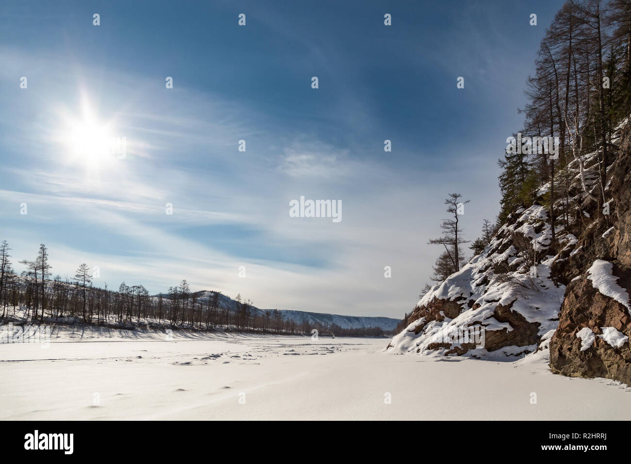 Paysage d'hiver sur la rivière Timpton,Russie,South Yakoutie Banque D'Images