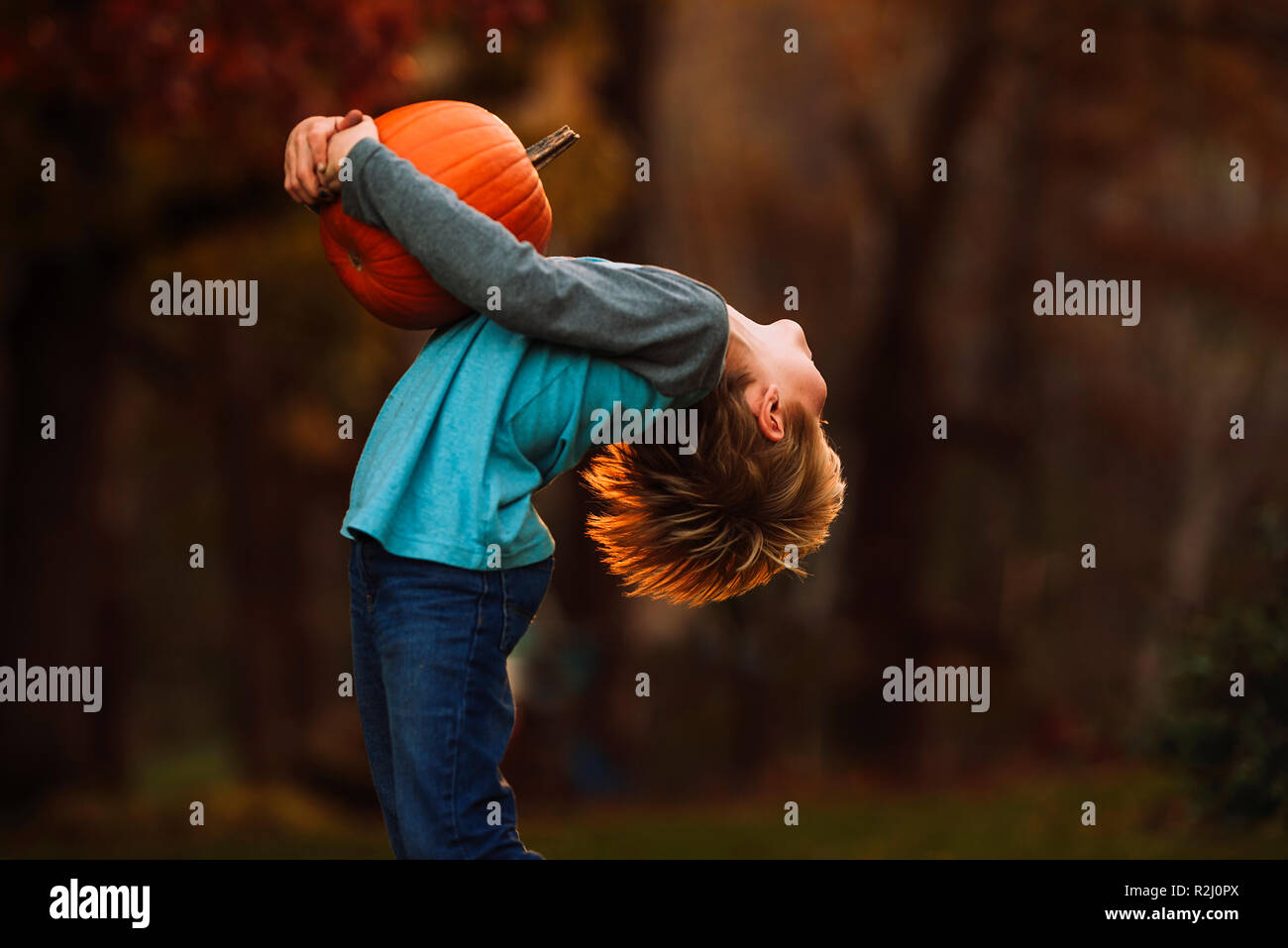 Boy standing in garden se pencher en arrière tout en tenant une citrouille, United States Banque D'Images