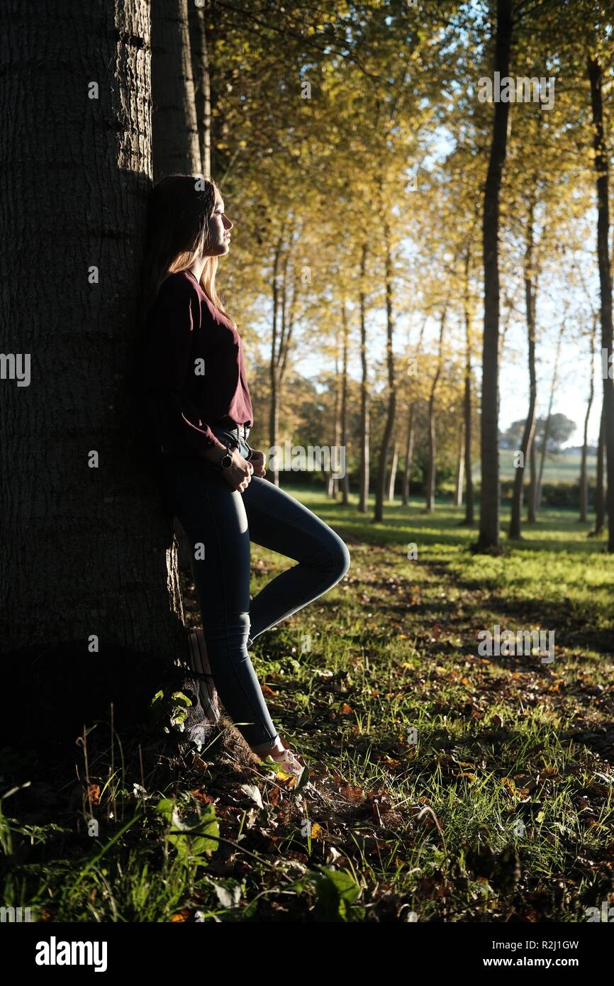 Teenage girl appuyé contre un arbre, France Banque D'Images
