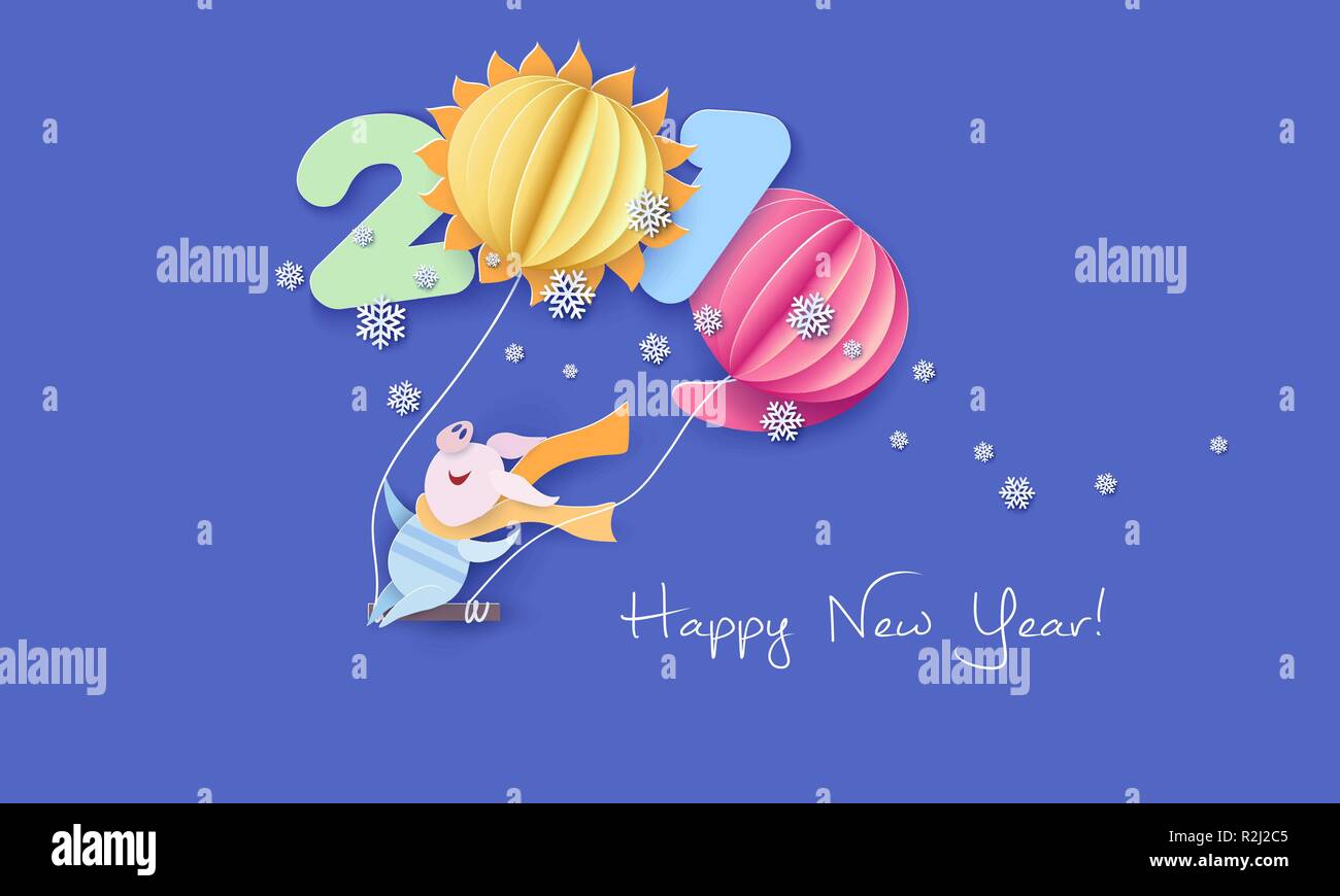 Coupe papier de couleur et de l'artisanat design carte d'hiver avec Happy pig swinging avec des ballons en forme de chiffres. Maison de vacances Nouvelle Année 2019 Noël et l'année de conception. Vector illustration Illustration de Vecteur