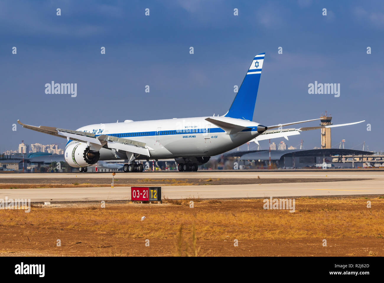 El Al Boeing 787-9 Dreamliner a photographié à l'aéroport Ben Gourion, Israël Banque D'Images