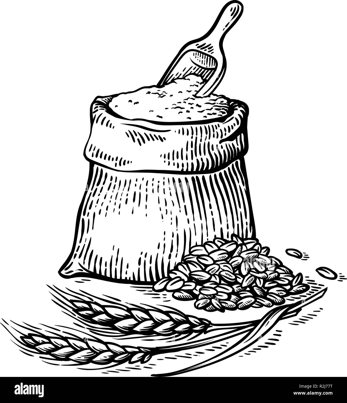 Sac de jute avec de la farine et de l'écope en bois sur fond blanc vector illustration Illustration de Vecteur