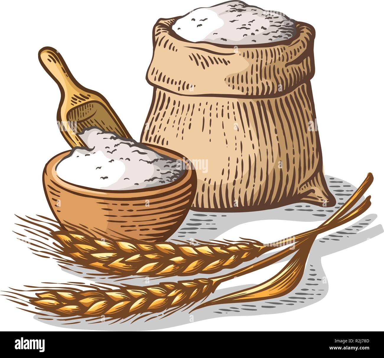 Sac de jute colorées avec de la farine fraîche plat en bois sur fond blanc vector illustration Illustration de Vecteur