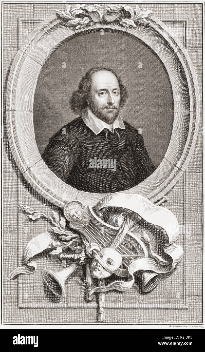 William Shakespeare 1564-1616. Le dramaturge anglais. Après une gravure de l'artiste néerlandais Jacob Houbraken, 1698-1780, du livre Les chefs des personnes illustres de Grande-Bretagne, gravé par M. Houbraken et Monsieur la vertu de leur vie et de caractères. Le livre a été compilé et écrit par Thomas Birch, 1705-1766 et publié pour la première fois à Londres en deux volumes 1743-51. Cette gravure est d'une édition de 1813. Banque D'Images