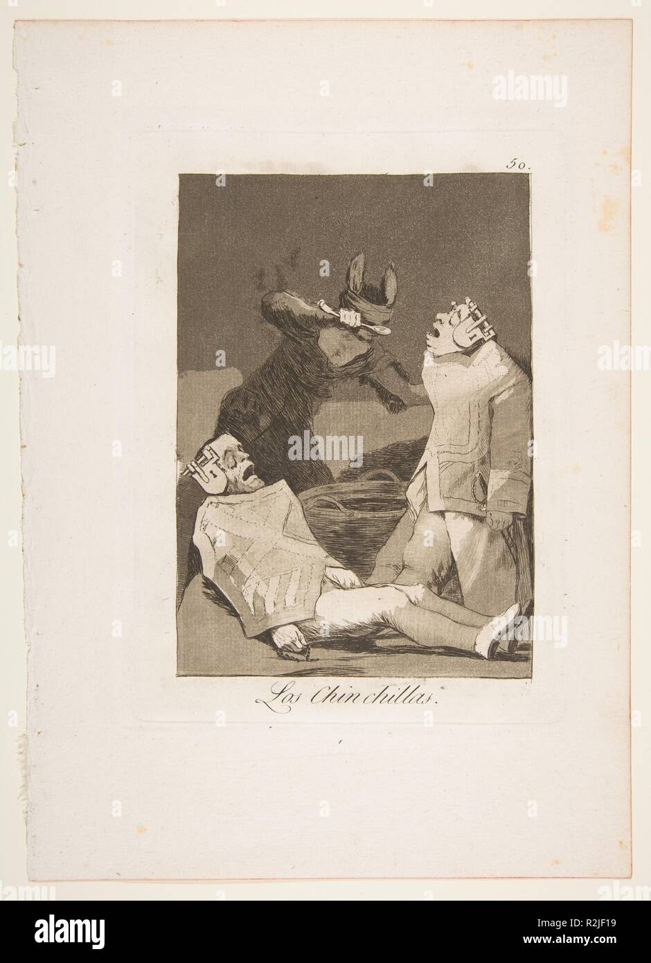 50 Plaque de "Los Caprichos" : le chinchilla (Chinchilla.). Artiste : Goya (Francisco de Goya y Lucientes (Fuendetodos) espagnol, 1746-1828 Bordeaux). Dimensions : Plateau : 8 x 5 13/16 in. (20,3 x 14,8 cm) : Feuille 11 x 9/16 8 3/16 in. (29,4 x 20,8 cm). Series/portefeuille : Los Caprichos. Date : 1799. Musée : Metropolitan Museum of Art, New York, USA. Banque D'Images