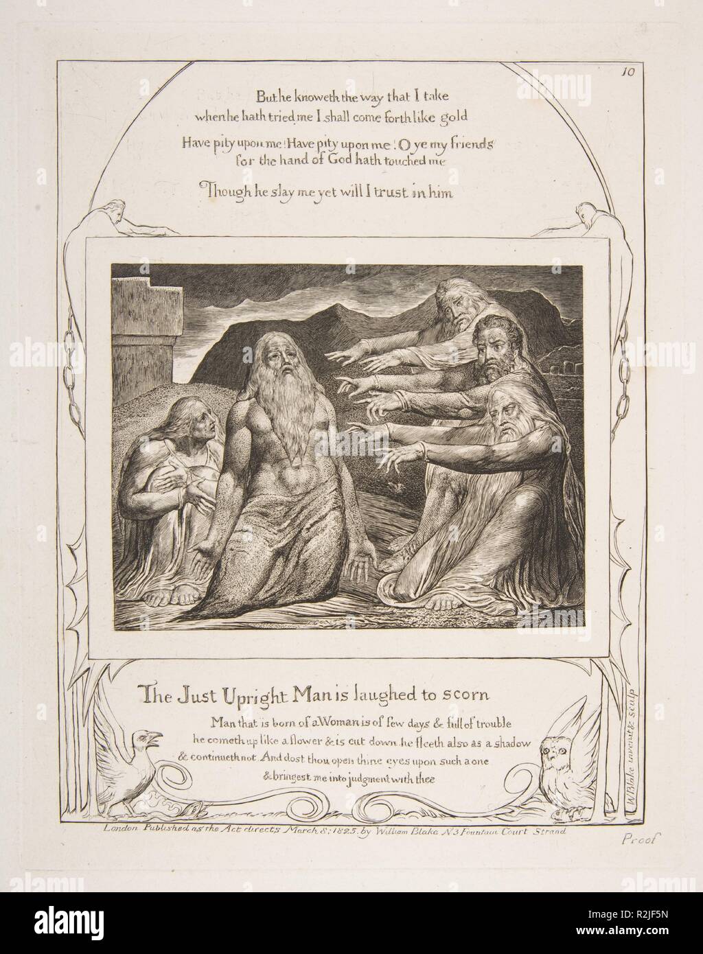 Job réprimandé par ses amis, des illustrations du livre de Job. Artiste : William Blake (britannique, Londres 1757-1827 Londres). Dimensions : plateau : 8 1/2 x 6 5/8 in. (21,6 x 16,8 cm) : Feuille 16 3/16 x 10 7/8 in. (41,1 x 27,6 cm). Editeur : Publié par William Blake (britannique, Londres 1757-1827 Londres) n° 3 Cour Fontaine, Strand. Date : 1825-1826. Musée : Metropolitan Museum of Art, New York, USA. Banque D'Images