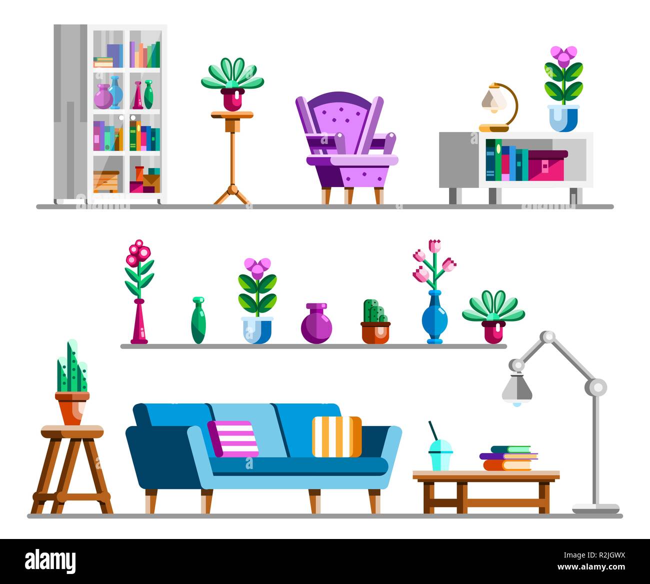 Ensemble intérieur détaillé. Clipart de salon bibliothèque et bibliothèque, d''un fauteuil confortable, stand de fleurs, lampe, table basse, canapé, cactus, des vases à fleurs. Télévision vector illustration. Illustration de Vecteur