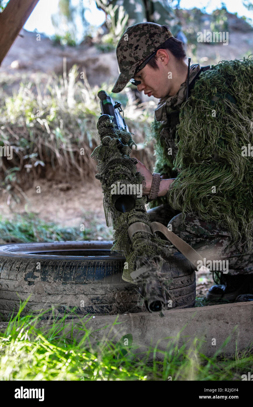 Sniper armés de gros calibres, fusil de sniper, tir sur cibles ennemies vont de l'abri, assis en embuscade Banque D'Images