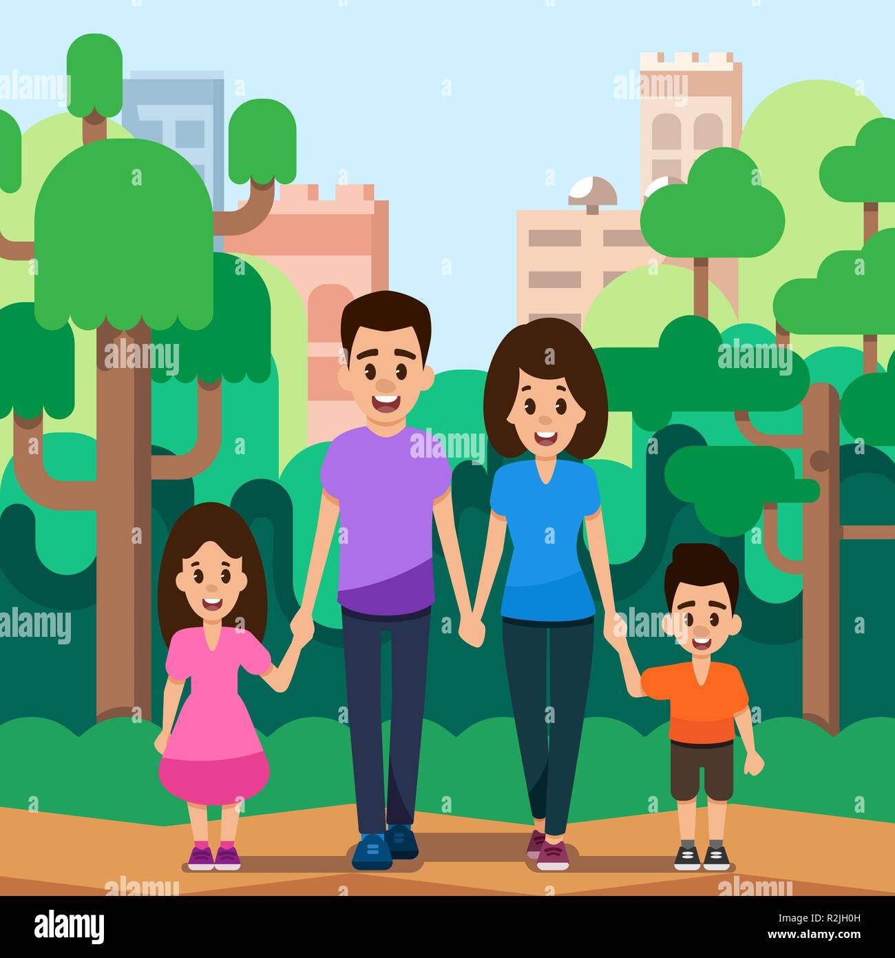 Heureux jeune famille avec enfants promenades dans park outdoor le paysage urbain historique. Télévision illustration. Illustration de Vecteur