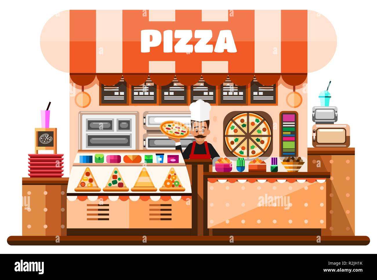 Pizza house intérieur avec pizzaiolo italien holding pizza chaude et debout derrière un bureau de comptoir avec équipement de fabrication de pizzas, menu et goodies. Télévision Illustration Illustration de Vecteur