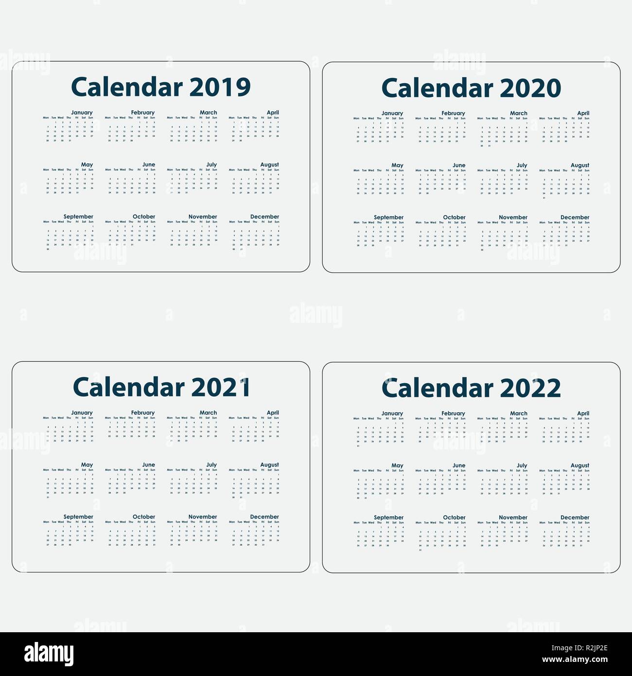 Calendrier 2019, calendrier 2020, Calendrier 2021 et 2022.template.design Calendrier Calendrier de l'année modèle de vecteur conception.Vector illustration. Illustration de Vecteur