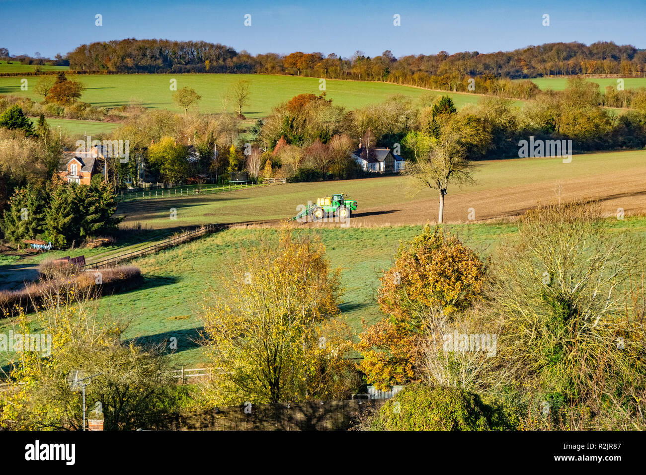 La pulvérisation des récoltes d'automne, Arkesden, Essex, Novembre 2018 Banque D'Images