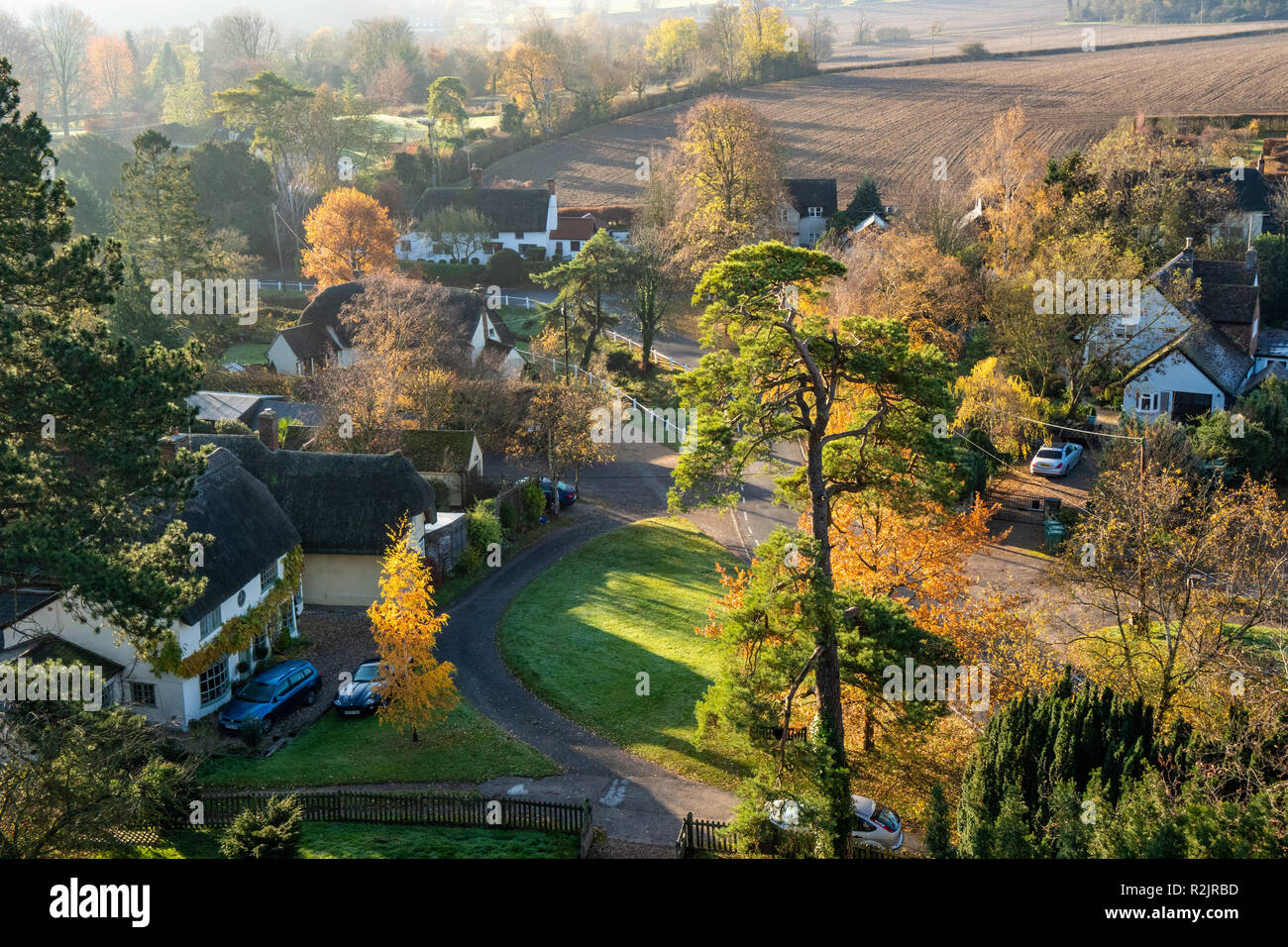 Vue aérienne du village de l'Essex en Angleterre Novembre 2018 Arkesden Banque D'Images