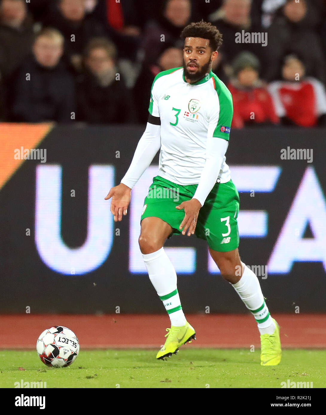 Cyrus Christie, de la République d'Irlande, lors du match du groupe B4 de la Ligue des Nations de l'UEFA au parc Ceres, à Aarhus. APPUYEZ SUR ASSOCIATION photo. Date de la photo: Lundi 19 novembre 2018. Voir PA Story FOOTBALL Danemark. Le crédit photo devrait se lire comme suit : Simon Cooper/PA Wire. Banque D'Images