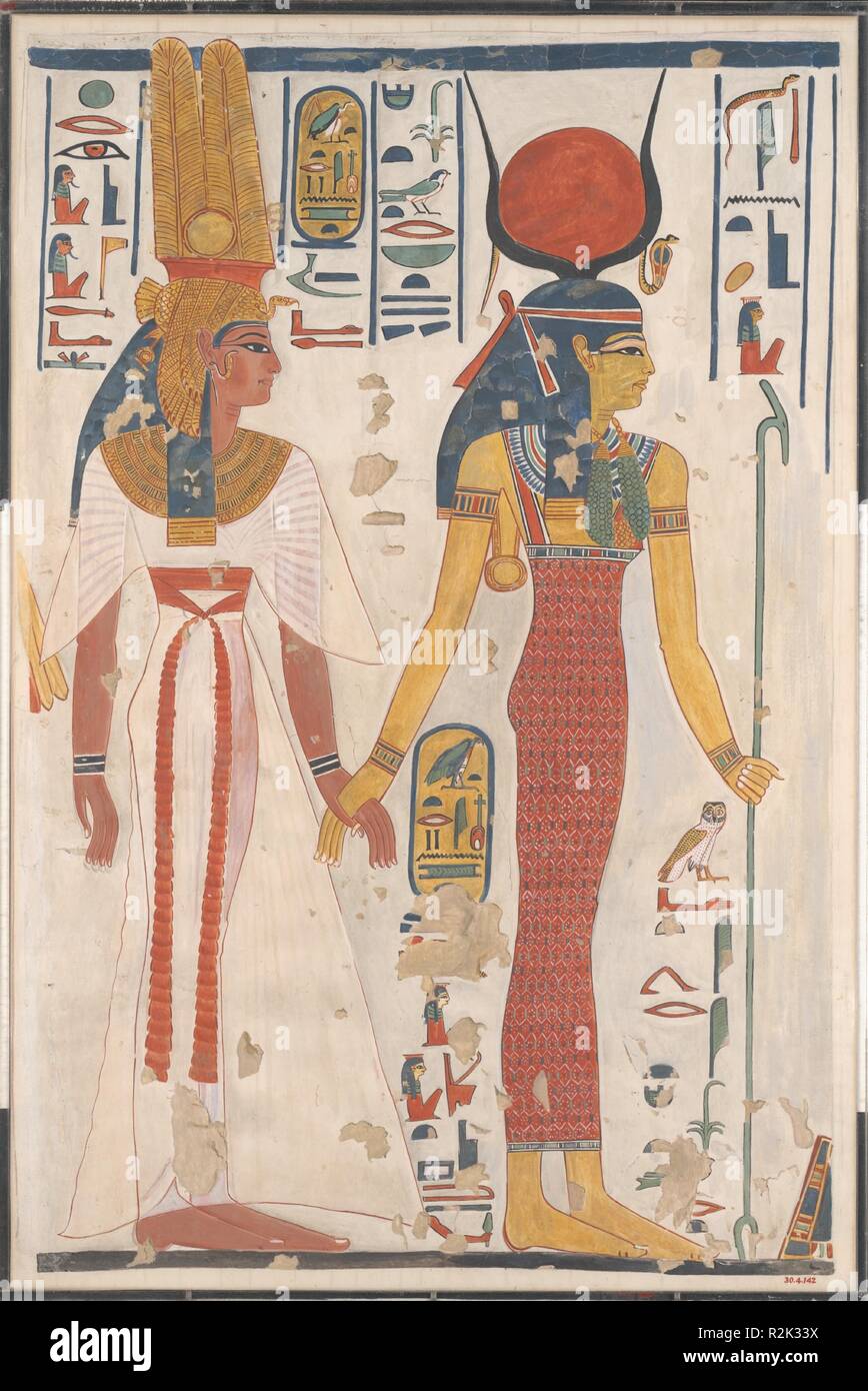 La Reine Nefertari dirigée par Isis. Artiste : Charles K. Wilkinson. Télécopieur : Dimensions : h. 70 cm (27 9/16 in) ; w. 46 cm (18 1/8 po) d'environ 1:3 pans : h. 73,7 cm (29 in) ; w. 49,5 cm (19 1/2 po). Dynastie DYNASTIE : 19. Règne : règne de Ramsès II. Date : ca. 1279-1213 av. J.-C.. Nefertari était la principale épouse du pharaon Ramsès II et sa tombe avec ses peintures murales vives est l'un des plus beaux tombeaux de l'Égypte. Copie cette aquarelle représente la reine (à gauche) dirigé par la déesse Isis (à droite). Il est important de noter que le mari de Néfertari, Ramsès II, est absent dans ces scènes, indiquant e Banque D'Images