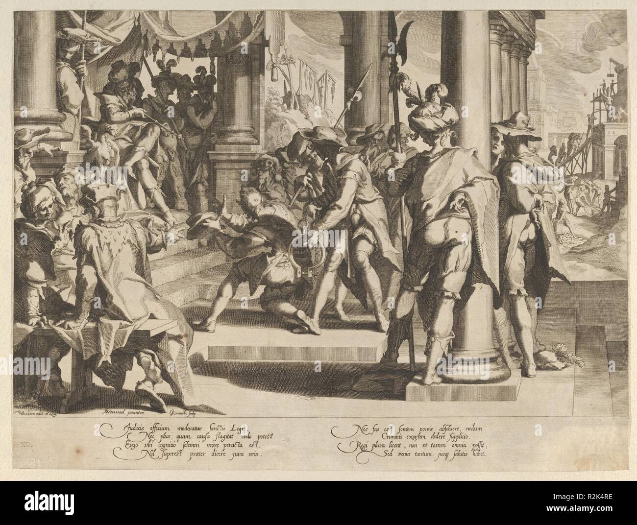 Allégorie de la Justice (caractère sacré de la Loi) avec une scène de la cour représentant un homme d'être gracié par un juge, de Thronus Justitiae, tredecim pulcherrimus tabulis..., planche 12. Artiste : Willem van Swanenburg, Russisch (ca. 1581/82-1612) ; Après Joachim Wtewael (1566-1638, Russisch Utrecht Utrecht). Fiche Technique : Dimensions : 11 × 15 13/16 13/16 in. (30 × 40,2 cm). Editeur : Christoffel van Sichem I (1546-1624), Russisch. Series/portefeuille : Thronus Justitiae, tredecim pulcherrimus tabulis.... Date : 1605-6. C'est d'impression à partir d'un ensemble de 13 assiettes représentant 'images de la justice', avec des scènes de Banque D'Images