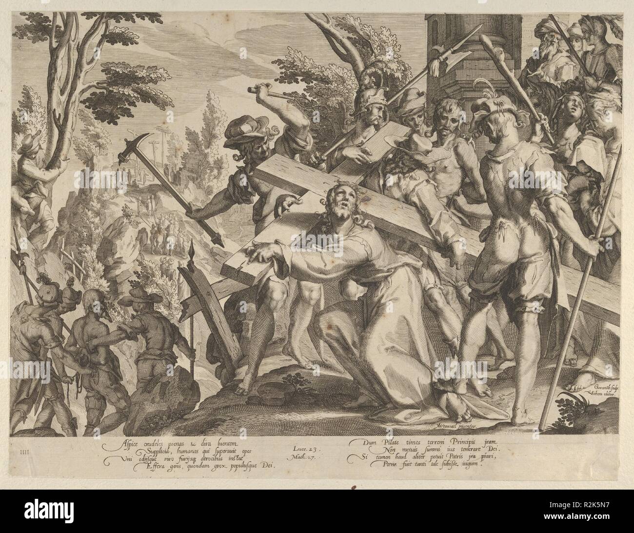 Le Christ portant la croix, de Thronus Justitiae, tredecim pulcherrimus tabulis..., planche 4. Artiste : Willem van Swanenburg, Russisch (ca. 1581/82-1612) ; Après Joachim Wtewael (1566-1638, Russisch Utrecht Utrecht). Fiche Technique : Dimensions : 11 × 15 1/2 3/16 in. (29,2 × 38,5 cm). Editeur : Christoffel van Sichem I (1546-1624), Russisch. Series/portefeuille : Thronus Justitiae, tredecim pulcherrimus tabulis.... Date : 1605-6. C'est d'impression à partir d'un ensemble de 13 assiettes représentant 'images de la justice', avec des scènes de la Bible, l'histoire et légende. Les impressions sont exécutés par Willem Swaneburg af Banque D'Images