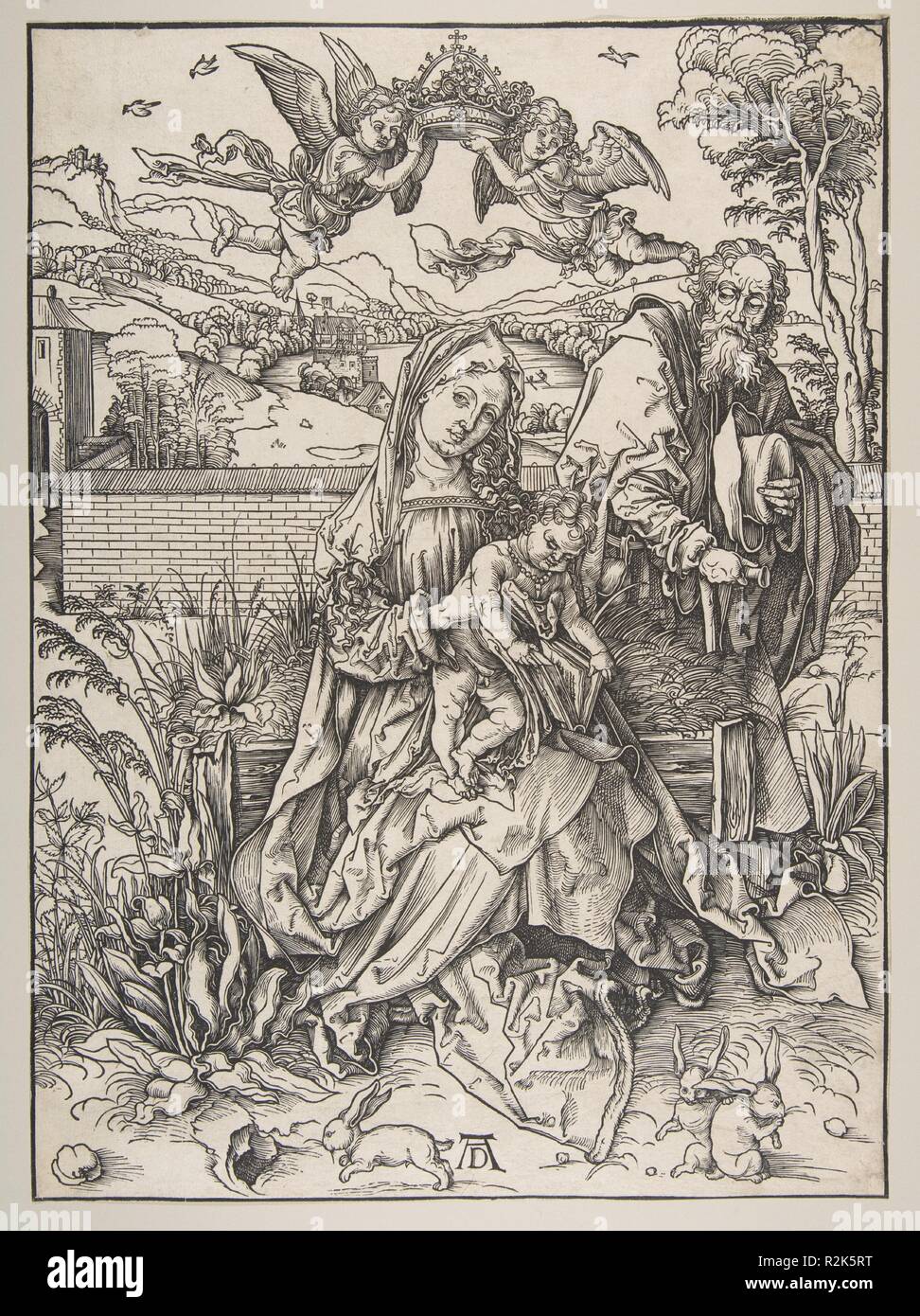La Sainte Famille avec trois lièvres. Artiste : Albrecht Dürer (Nuremberg, Allemagne Nuremberg 1471-1528). Dimensions : image : 15 1/8 x 11 in. (38,4 x 27,9 cm) taillés en ligne de bloc. Date : ca. 1497-98. Musée : Metropolitan Museum of Art, New York, USA. Banque D'Images