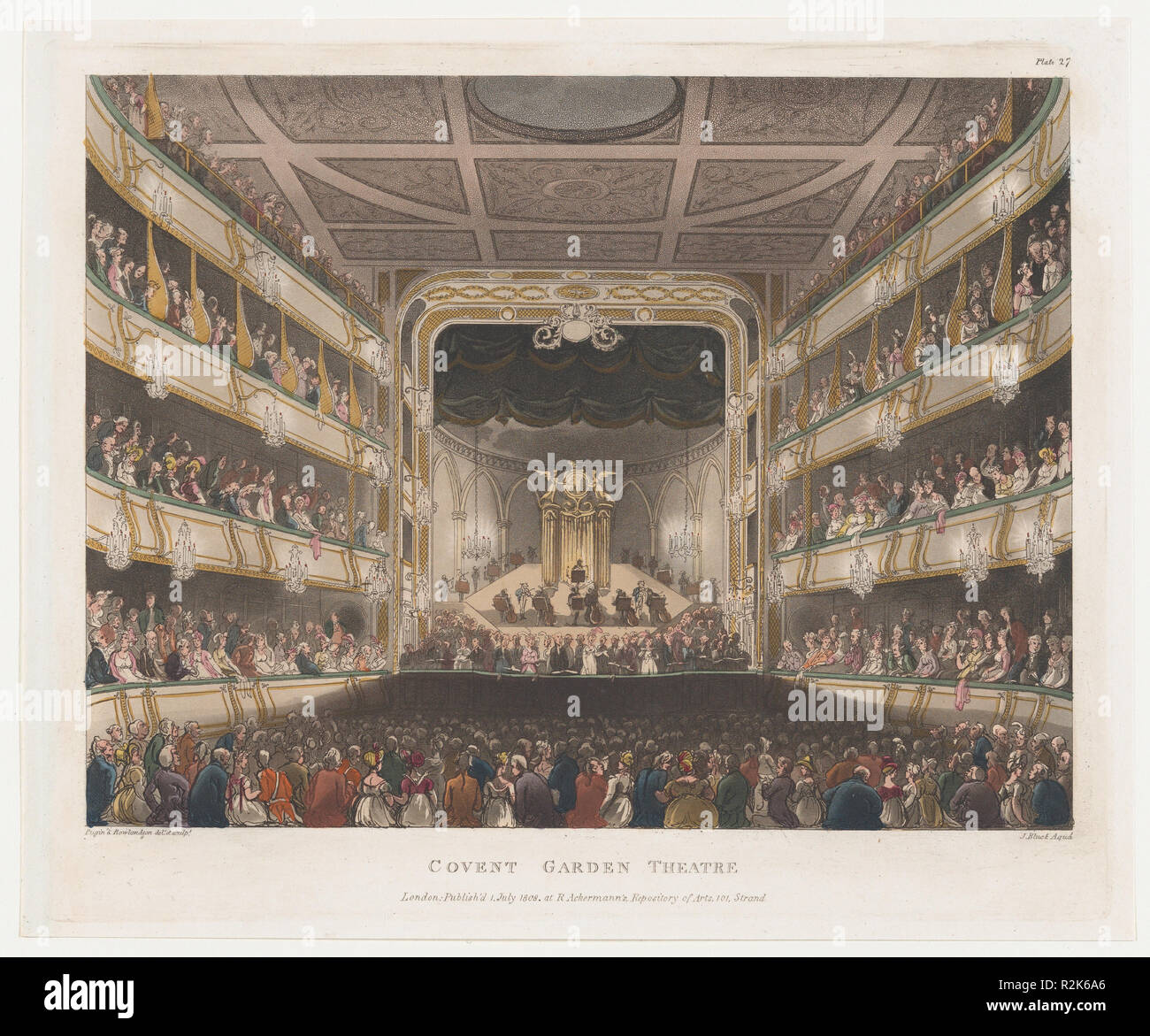 Covent Garden Theatre (Microcosme de Londres, la plaque 27). Artiste : conçu et gravé par Thomas ROWLANDSON (britannique, Londres 1757-1827 Londres) ; conçu et gravé par Auguste Charles Pugin (British (né en France), Paris 1768/69-1832 London) ; l'aquatinte par John Bluck, britannique (1791-1832). Fiche Technique : Dimensions : 9 1/2 x 11 7/16 po. (24,1 × 29,1 cm) Plaque : 9 1/16 × 10 7/8 in. (23 × 27,7 cm). Editeur : Rudolph Ackermann, Londres (actif 1794-1829). Series/portefeuille : microcosme de Londres. Date : 1 juillet 1808. Musée : Metropolitan Museum of Art, New York, USA. Auteur : conçu et gravé par Thomas ROWLANDSON. D Banque D'Images