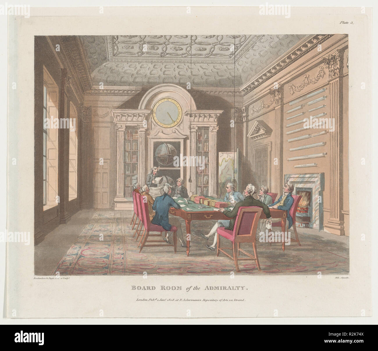 Salle du conseil d'administration de l'Amirauté (Microcosme de Londres, planche 3). Artiste : conçu et gravé par Thomas ROWLANDSON (britannique, Londres 1757-1827 Londres) ; conçu et gravé par Auguste Charles Pugin (British (né en France), Paris 1768/69-1832 London) ; l'aquatinte par John Hill (American (né en Angleterre), Londres 1770-1850 Clarksville, New York). Fiche Technique : Dimensions : 9 3/4 x 11 1/2 in. (24,8 × 29,2 cm) Plaque : 9 1/2 × 11 1/4 in. (24,2 × 28,5 cm). Editeur : Rudolph Ackermann, Londres (actif 1794-1829). Series/portefeuille : microcosme de Londres. Date : Janvier 1, 1808. Musée : Metropolitan Museum of Art, New York, USA. Banque D'Images