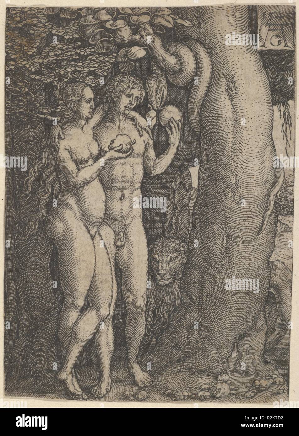 La tentation d'Adam et Eve, de l'histoire d'Adam et Eve. Artiste : Heinrich Aldegrever (allemand, Paderborn ca. 1502-1555/1561 Soest). Fiche Technique : Dimensions : 3 3/8 x 2 1/2 in. (8,6 × 6,3 cm). Date : 1540. Adam et Eve statif à gauche de l'arbre de la connaissance, chaque exploitation de fruits. Le serpent est enroulé autour d'une succursale au centre en haut et un lion est visible derrière l'arbre. Sur la base de Genèse 3:1-7. Planche 3 d'une série de six gravures. Musée : Metropolitan Museum of Art, New York, USA. Banque D'Images