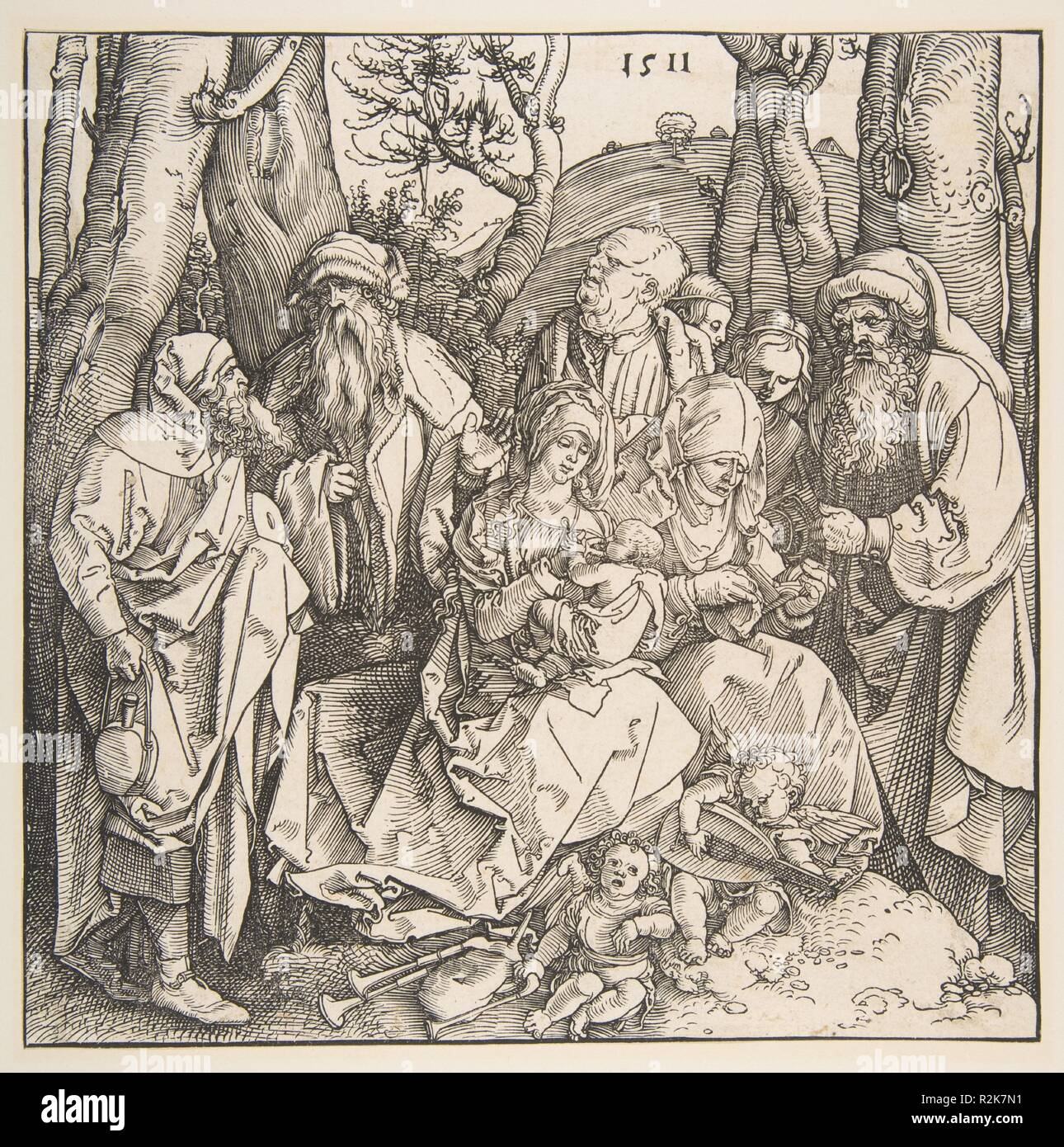 La Sainte Famille avec les Saints et deux anges musiciens. Artiste : Albrecht Dürer (Nuremberg, Allemagne Nuremberg 1471-1528). Fiche technique : Dimensions : 8 1/4 x 8 5/16 in. (21 x 21,1 cm). Date : 1511. Musée : Metropolitan Museum of Art, New York, USA. Banque D'Images