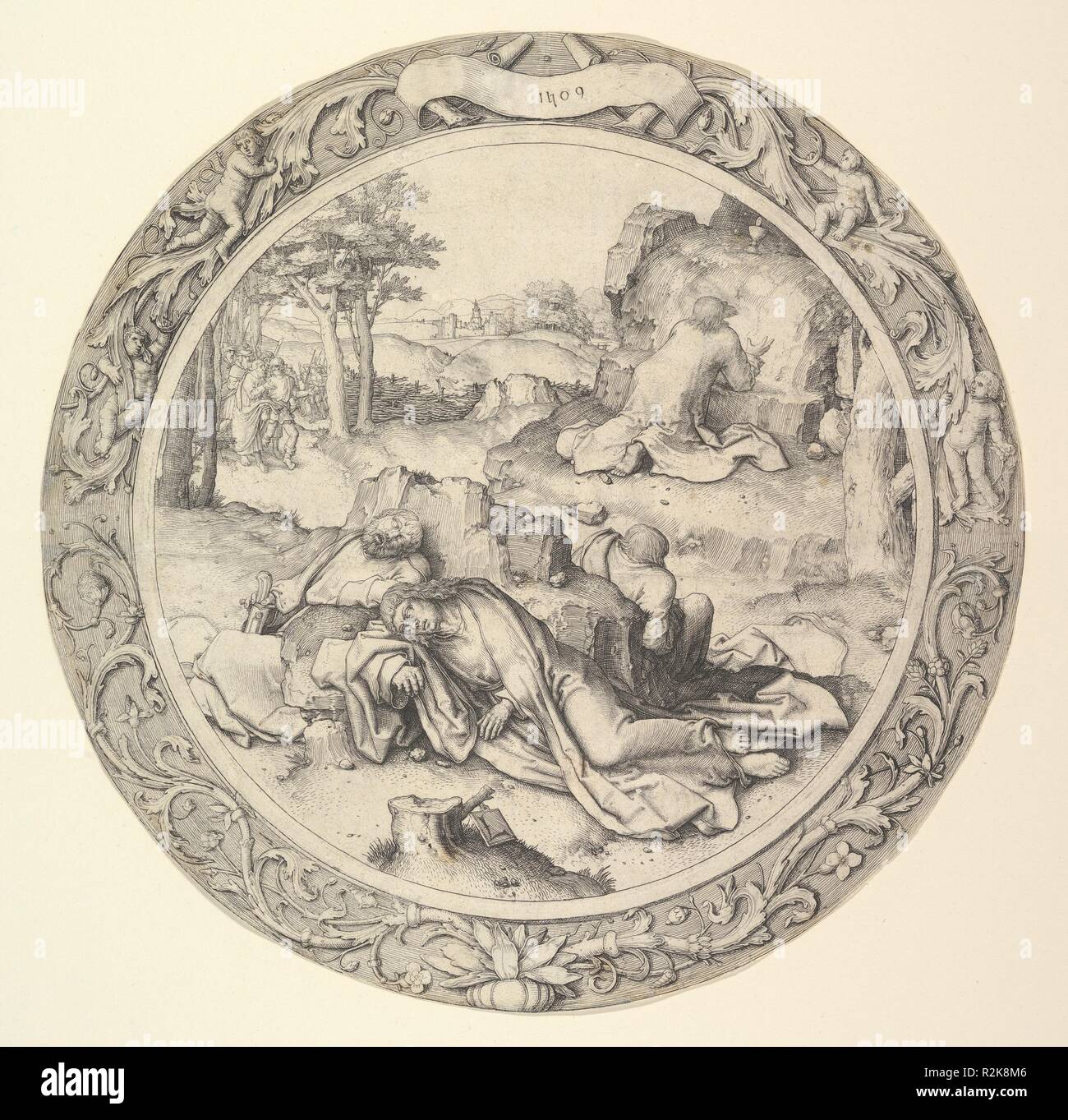 Le Christ au mont des Oliviers, à partir de la circulaire de la Passion. Artiste : Lucas van Leyden (Leiden, Russisch ca. Leyde 1494-1533). Dimensions : Diamètre : 11 3/16 po. (28,4 cm). Date : 1509. Musée : Metropolitan Museum of Art, New York, USA. Banque D'Images