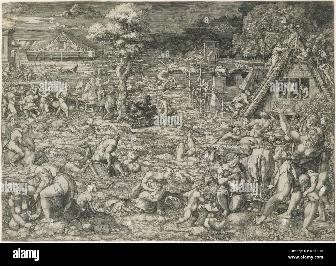 Le déluge. Artiste : Dirck Vellert (Amsterdam, Russisch ( ?) ca. 1480/85-ca. 1547). Fiche technique Dimensions : 11 x 15-3/8 po. (28 x 39,1 cm). Date : 1544. Musée : Metropolitan Museum of Art, New York, USA. Auteur : Dirk Vellert. Dirk Jacobsz Vellert. Banque D'Images