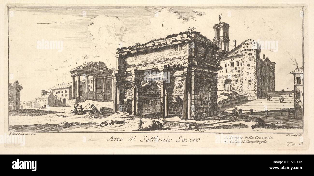 13 : Plaque de passage de Settimius Severus 1. Temple de la Concorde. 2. Ascension de la colline du Capitole (Arco di Settimio Severo. 1. Tempio della Concordia. 2. Salita di Campidoglio.). Artiste : Giovanni Battista Piranesi (Italien, Mogliano Veneto Rome 1720-1778) ; Après Israël Silvestre (Français, Nancy 1621-1691 Paris). Dimensions : Plaque : 4 × 13/16 10 3/16 po. (12,3 × 25,8 cm) feuille : 12 3/4 × 18 11/16 in. (32,4 × 47,4 cm). Series/portefeuille : Antichità Romane de' Tempi della Repubblica, e de' primi Imperatori (Antiquité romaine de l'époque de la République et le premier des empereurs). Date : ca. 1748. Musée : Metropol Banque D'Images