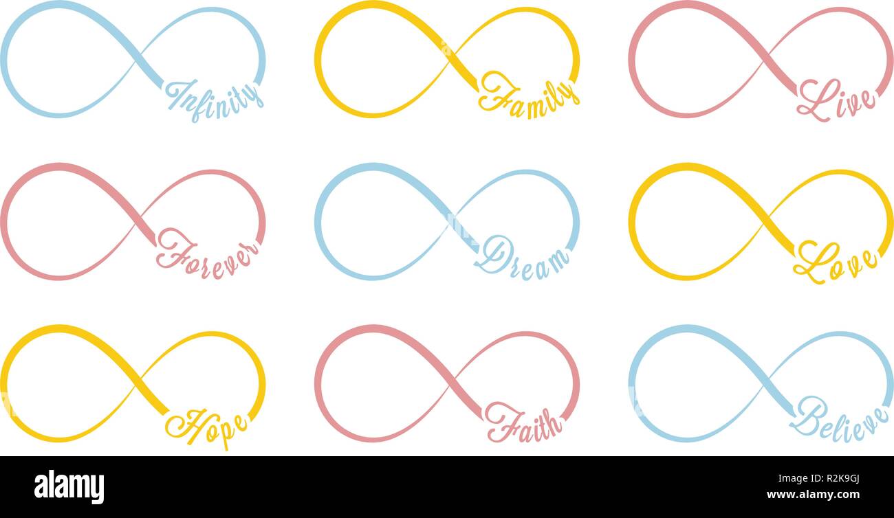 L'infini vecteur de symboles. Répétition de couleur et un nombre illimité de la cyclicité et signer l'icône illustration sur fond blanc. Pour toujours, rêve, amour, d'espoir, fort, croire, vivre, foi, famille Illustration de Vecteur