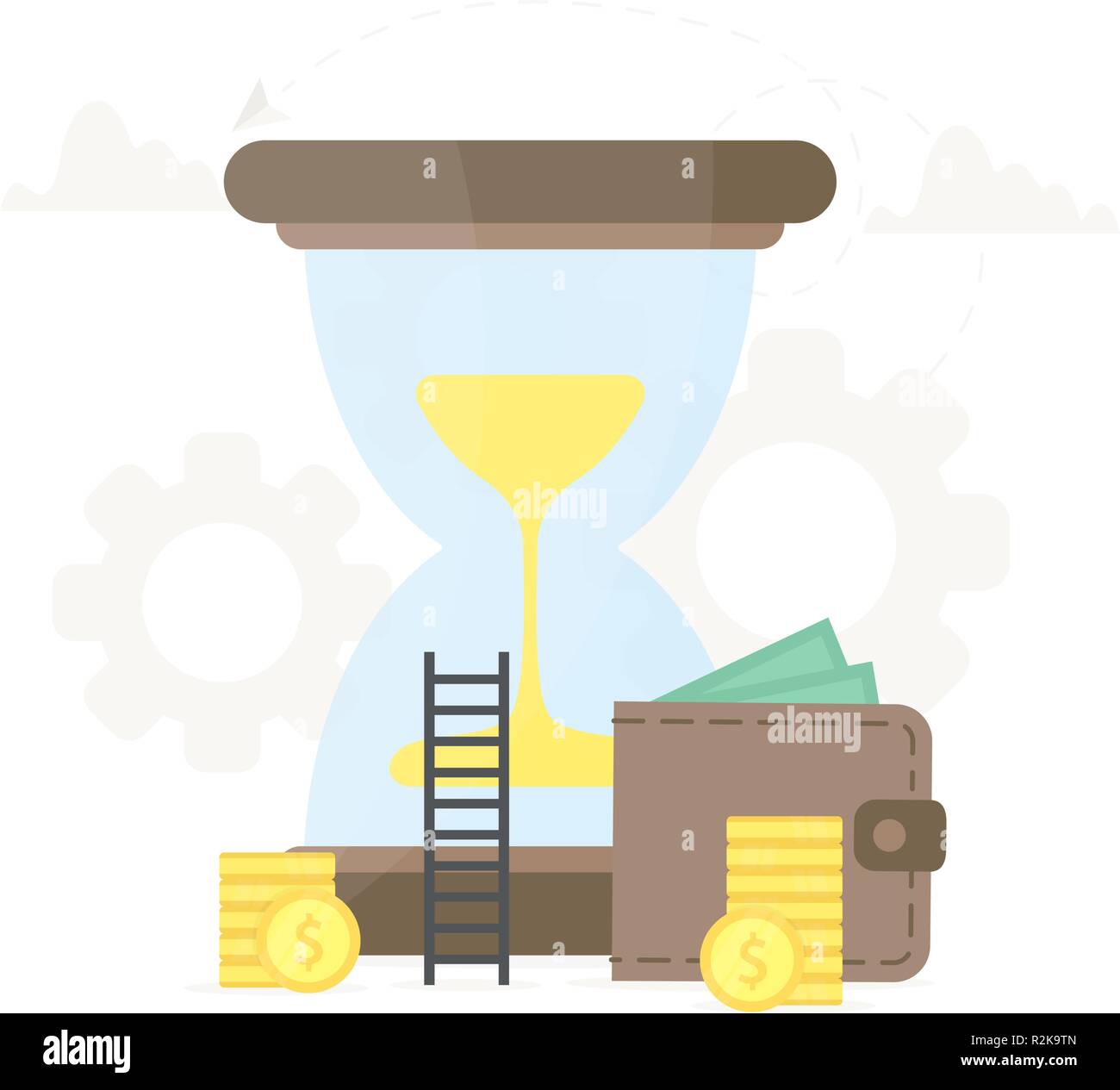 Grand portefeuille avec hourglass et pièces près d'elle. L'investissement, de faire des économies, tout le secteur de la gestion de l'illustration. Illustration de Vecteur