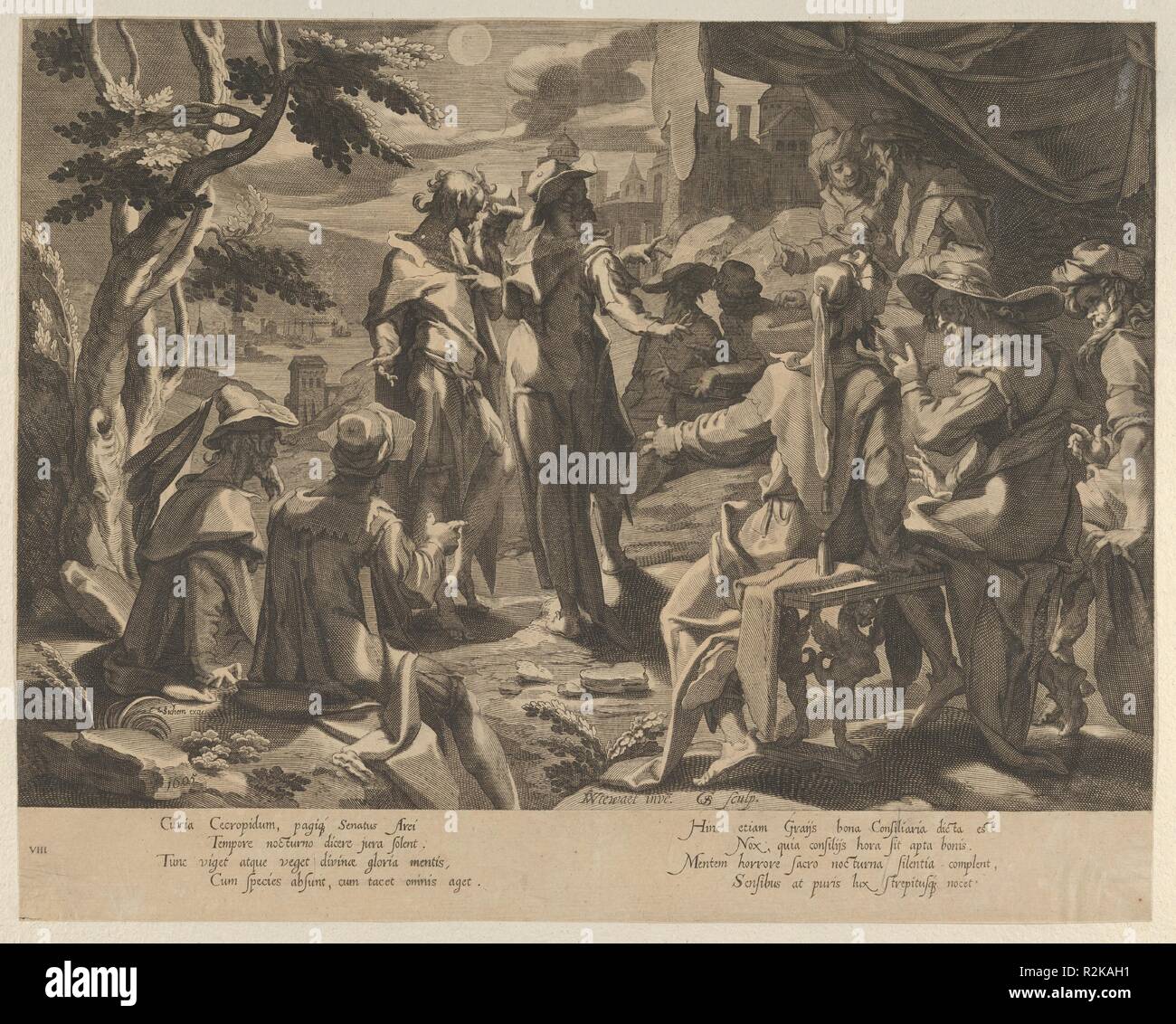 Une scène au clair de l'Aréopagite jugés d'Athènes, de Thronus Justitiae, tredecim pulcherrimus tabulis..., planche 8. Artiste : Willem van Swanenburg, Russisch (ca. 1581/82-1612) ; Après Joachim Wtewael (1566-1638, Russisch Utrecht Utrecht). Fiche Technique : Dimensions : 11 × 14 9/16 9/16 in. (29,4 × 37 cm). Editeur : Christoffel van Sichem I (1546-1624), Russisch. Series/portefeuille : Thronus Justitiae, tredecim pulcherrimus tabulis.... Date : 1605. C'est d'impression à partir d'un ensemble de 13 assiettes représentant 'images de la justice', avec des scènes de la Bible, l'histoire et légende. Les impressions sont ex Banque D'Images