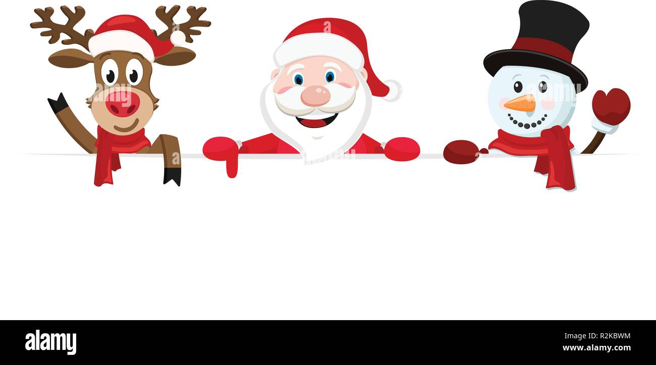 Le Père Noël, un cerf et un bonhomme de neige, ni de derrière un drap blanc et des vagues. Illustration de Vecteur