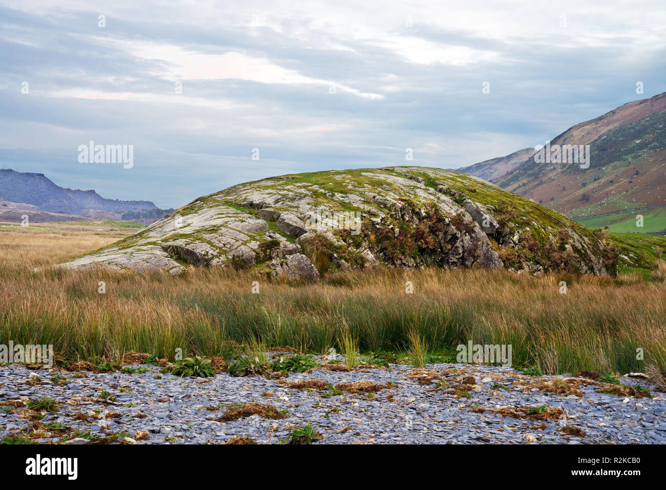 Rôche moutonnée est une formation rocheuse créé par l'érosion d'un glacier. Cette formation est donnée dans le Nant Ffrancon valley, Snowdonia. Banque D'Images