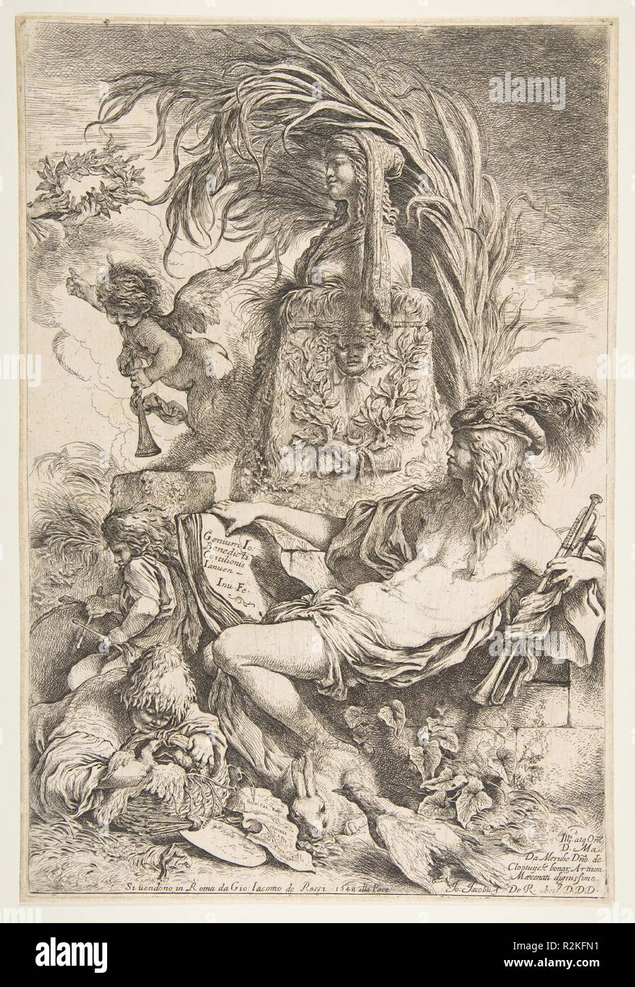 Le génie de Castiglione. Artiste : Giovanni Benedetto Castiglione (Il Grechetto (Italien), Gênes 1609-1664 Mantoue). Dédicataire : Matthys van de Merwede, seigneur de Clootwyck (Néerlandais, ca. 1625-après 1677). Fiche technique : Dimensions : 17 x 14 3/4 à 13/16. (45,2 x 37,5 cm). Editeur : Giovanni Giacomo De Rossi (Italien, Rome Rome 1627-1691). Date : ca. 1645-47 (publié 1648). Le plus célèbre dans l'attaque, un fauteuil inclinable figure tient un livre inscrit : 'Le génie de Giovanni Benedetto Castiglione de Gênes [qui] inventé et mis à [cette].' l'impression a été publiée à Rome en 1648 par Gian Giacomo de Rossi, Banque D'Images