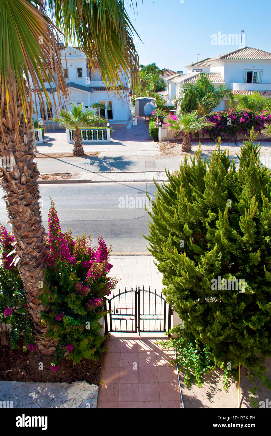 Vue sur une rue avec de nombreuses villas blanches, l'un des palmiers, buissons verts, fleurs roses et feuillage luxuriant. Entrée avec une porte. Personne en dehors. C chaud Banque D'Images